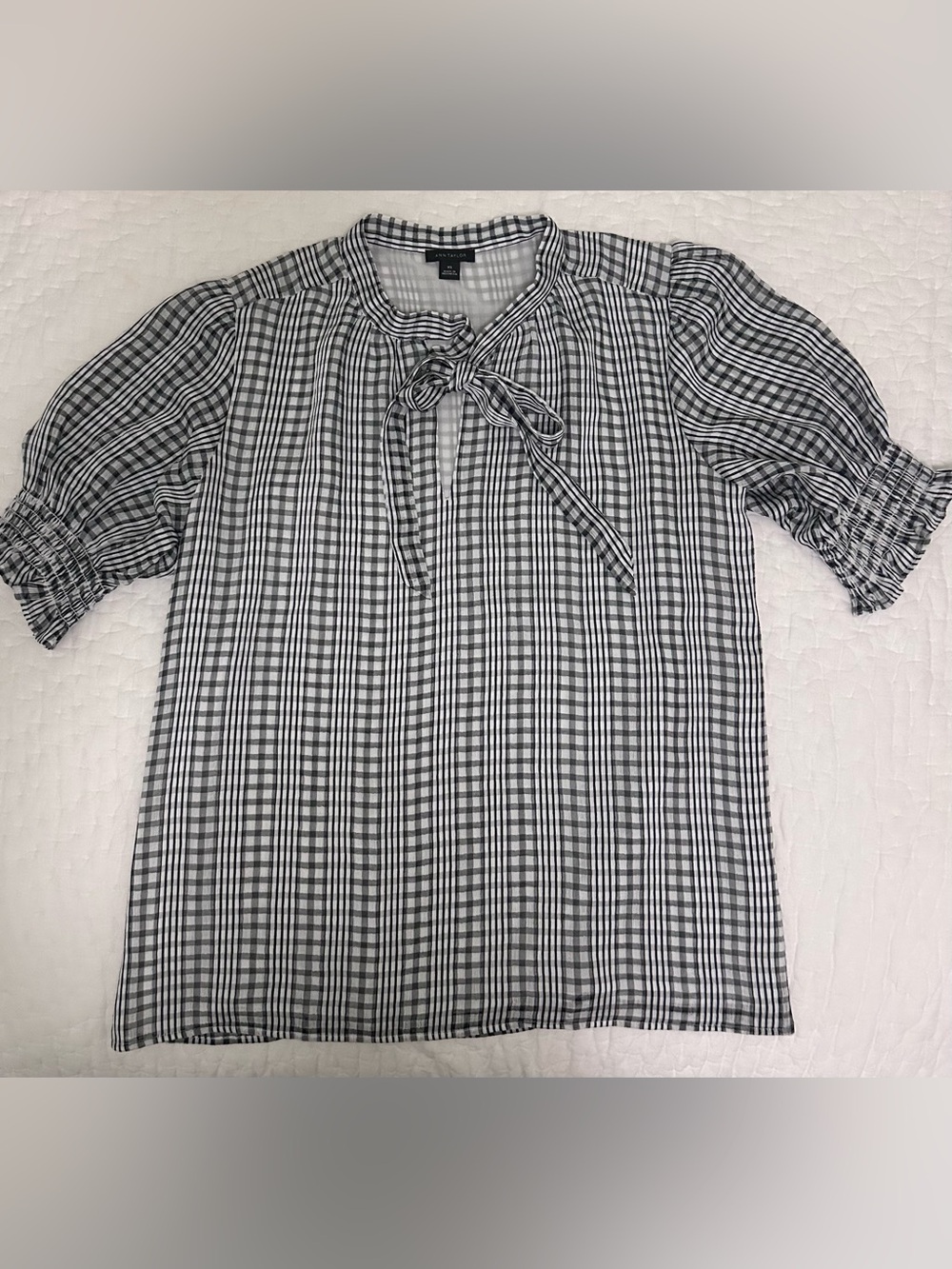 Ann Taylor Plaid Tie-Neck Short Sleeve Blouse